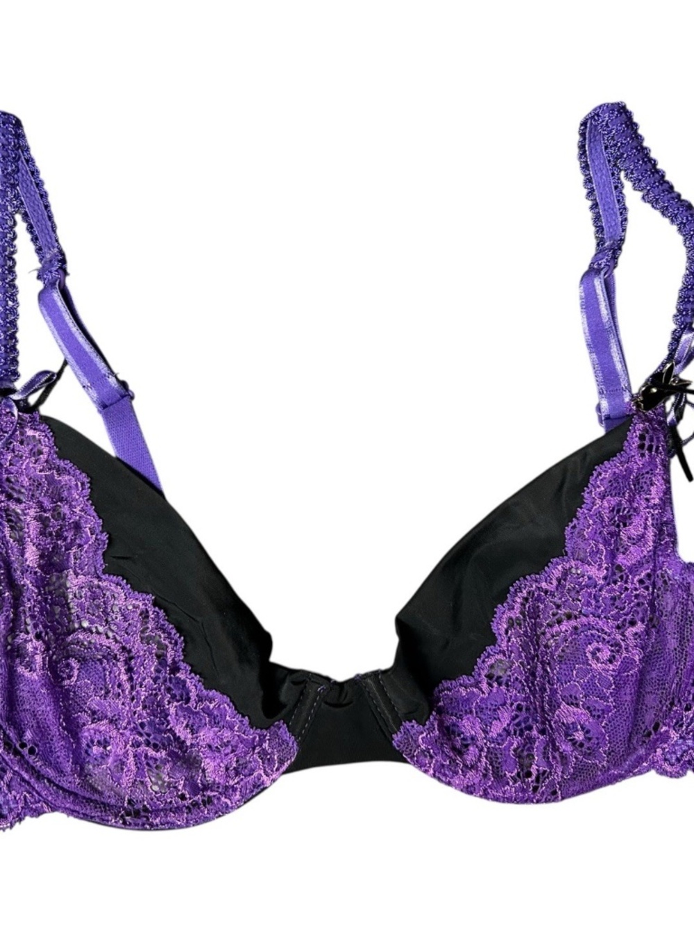 Vintage PLAYBOY Intimates Purple Black Lace Wired See-thru Lingerie Bra Sz 34B